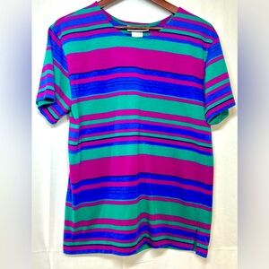 Vintage 90s Jantzen Classics Women M Striped Green Purple Short Sleeve Top Retro
